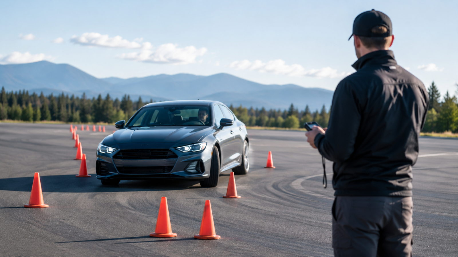 Advanced driver training slalom course with instructor and vehicle